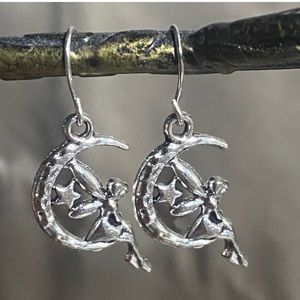NEW Faerie Sprite on Moon Earrings Silvertone moon